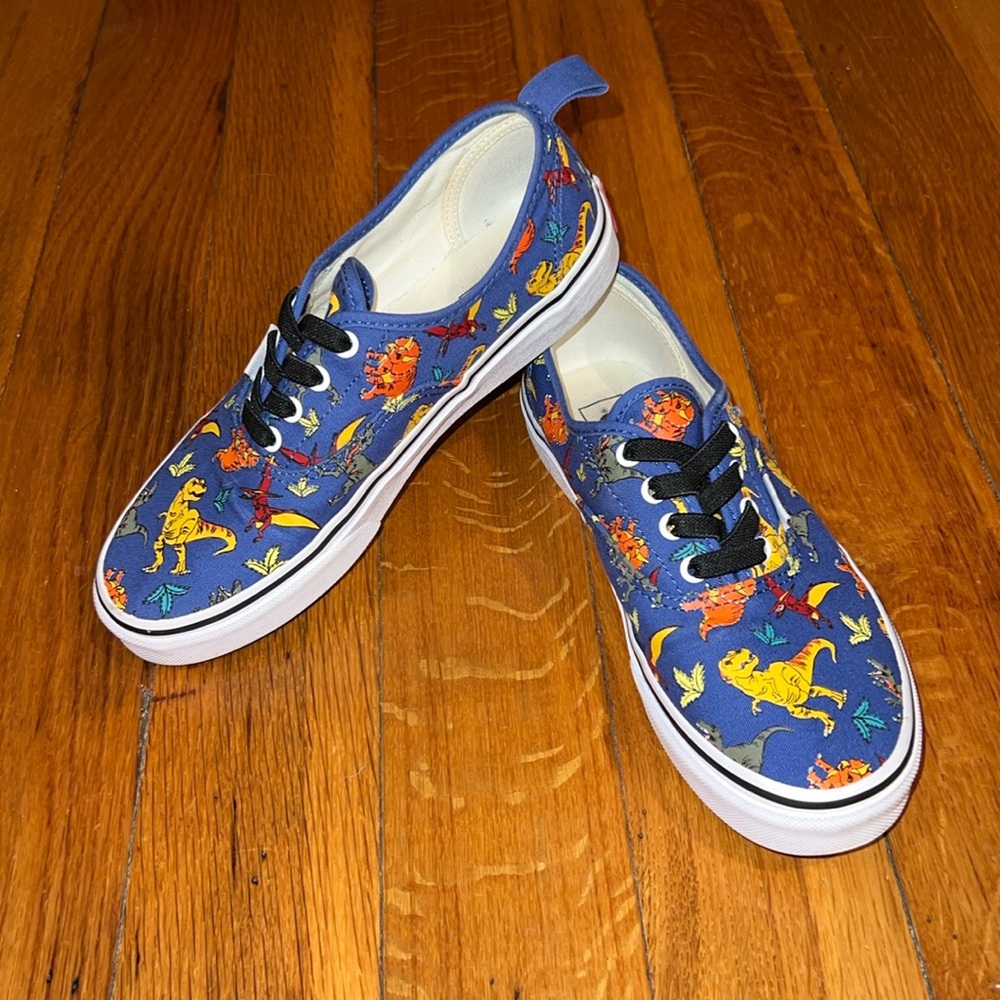 Vans dinosaur slip on sneakers with fake elastic laces. Fits like a women’s 6.5.